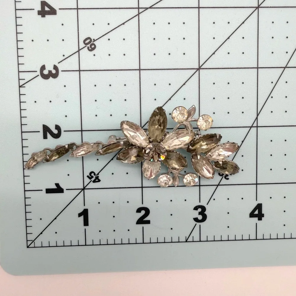 Vintage Smoky Gray Clear Rhinestone Flower Spray Brooch